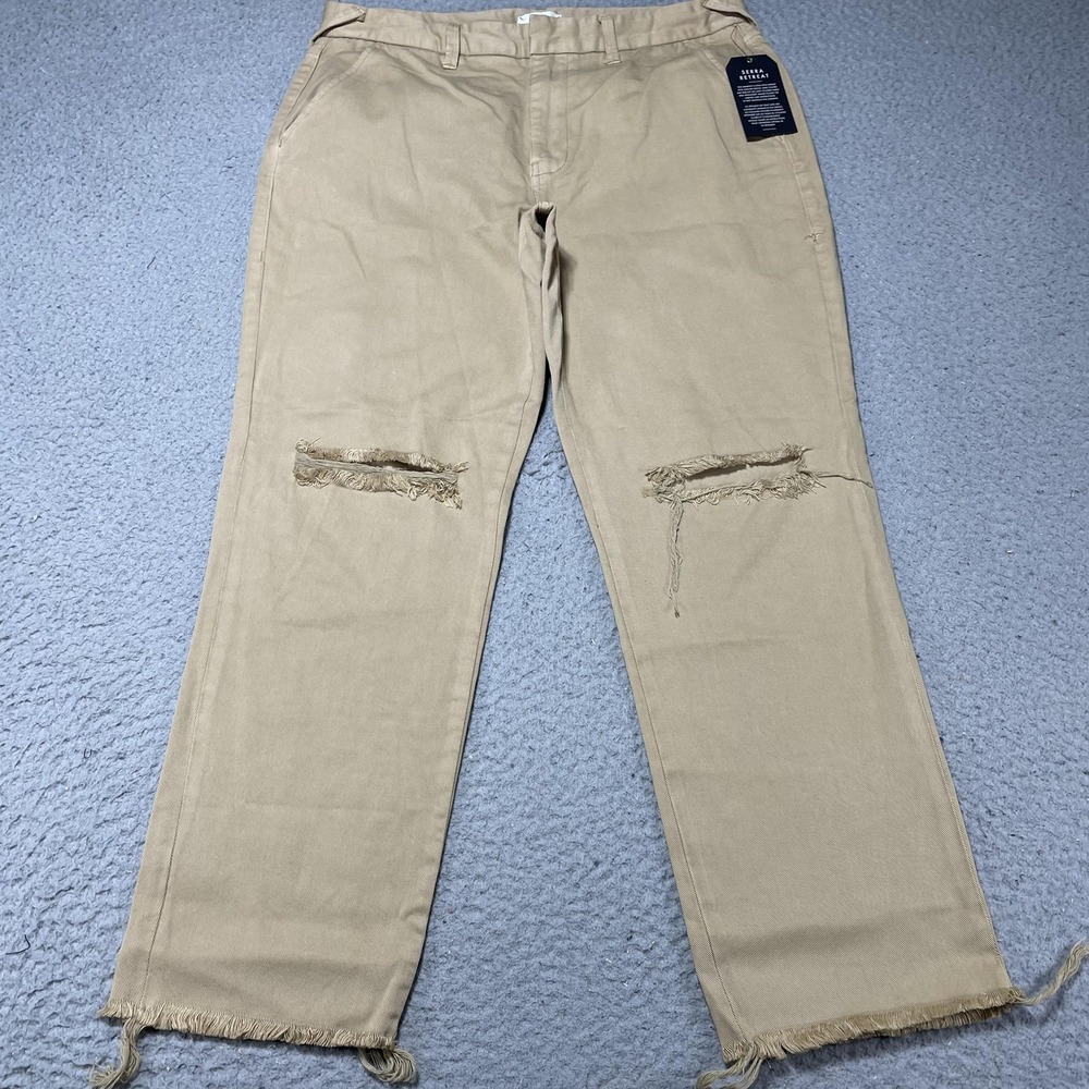 Serra Retreat Pants Womens 29 Beige Chino Twill‎ Straight Leg Distressed Raw Hem